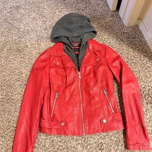Red Faux Leather Double Layered Jacket